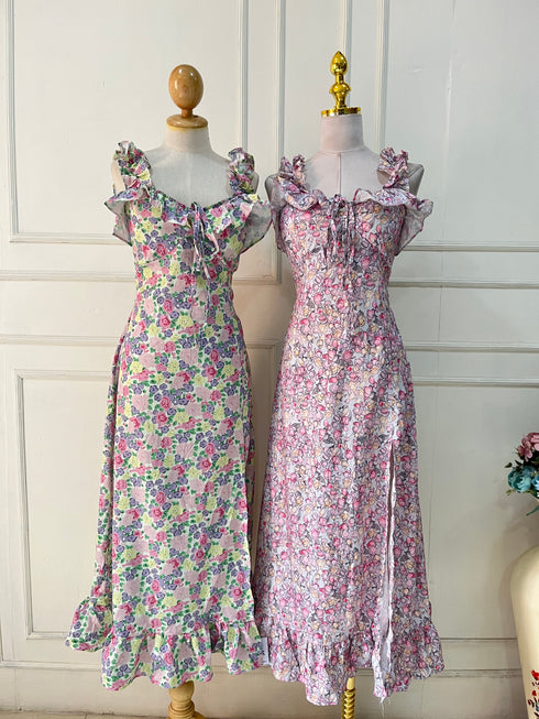 Spring Floral Ruffle Straps Side Slit Dresses
